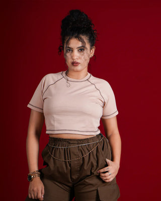 Streetwear Style 'The Brown Stitch' Brown French Terry Cotton 240 GSM Crop Top - Front