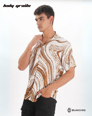 Streetwear Style 'Wavy Brown Textured' Whire Brown Oversize Cotton Half Sleeve Cuban Collar Shirt HG x Bumchiq - Side 1