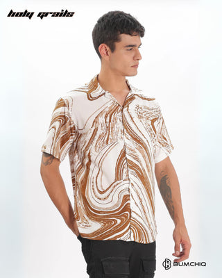 Streetwear Style 'Wavy Brown Textured' Whire Brown Oversize Cotton Half Sleeve Cuban Collar Shirt HG x Bumchiq - Side 2