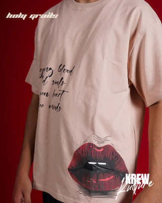 Streetwear Style 'Young Blood & Soul' Beige French Terry Cotton 240 GSM Tee-Shirt - Front Close Up
