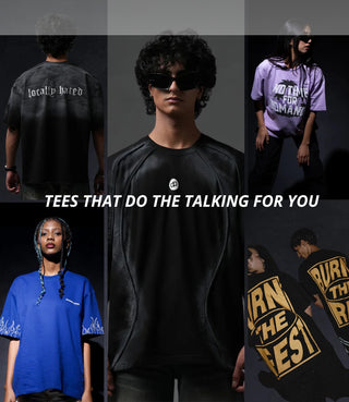 Collage of people wearing t-shirts with various designs and text.