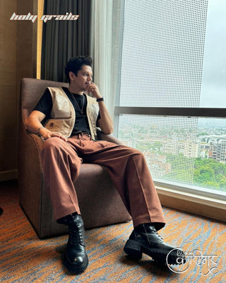 Vijay Varma Sitting in Streetwear Style 'Vibe' Brown Upcycled Denim Vest HG x Just A Karigar - Front
