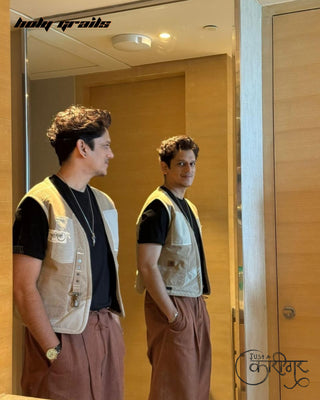 Vijay Varma Standing in Streetwear Style 'Vibe' Brown Upcycled Denim Vest HG x Just A Karigar - Side