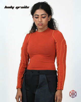 Women In Streetwear Style 'Cinnamon Swirl' Red Viscose Cotton Lycra Jersey Knit 290 GSM Stretch Top HG x Duskin - Front