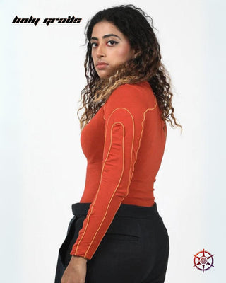 Women In Streetwear Style 'Cinnamon Swirl' Red Viscose Cotton Lycra Jersey Knit 290 GSM Stretch Top HG x Duskin - Front Side