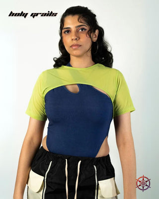 Women In Streetwear Style 'Lime Twist' Green Blue Viscose Cotton Lycra Jersey Knit 290 GSM & Nylon Super Net 110 GSM Bodysuit HG x Duskin - Front