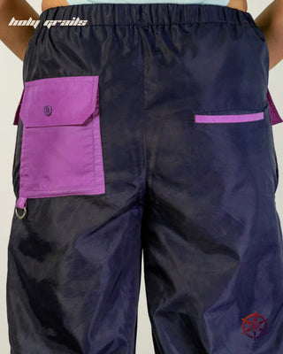 Women In Streetwear Style 'Marine Plum' Volume Cargo Navy Blue & Purple with Nylon 110 GSM Pants HG x Duskin - Back Pockets Close Up