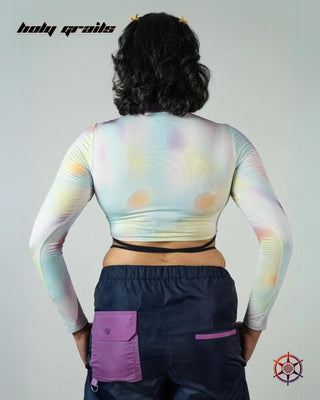 Women In Streetwear Style 'Nebula Netted' Multi-Color Viscose Cotton Lycra Jersey Knit 290 GSM and Nylon Super Net 110 GSM Corset HG x Duskin - Back