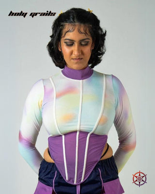 Women In Streetwear Style 'Nebula Netted' Multi-Color Viscose Cotton Lycra Jersey Knit 290 GSM and Nylon Super Net 110 GSM Corset HG x Duskin - Front
