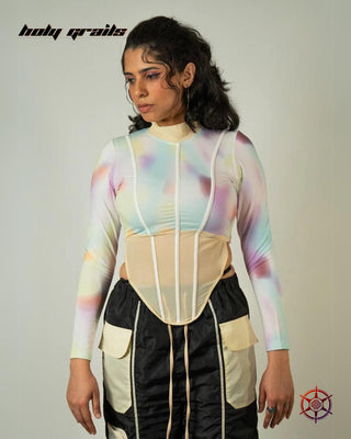 Women In Streetwear Style 'Spectrum Netted' Multi-Color 290 GSM Viscose Cotton Lycra Jersey Knit Corset HG x Duskin - Front