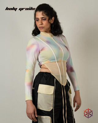 Women In Streetwear Style 'Spectrum Netted' Multi-Color 290 GSM Viscose Cotton Lycra Jersey Knit Corset HG x Duskin - Front Side