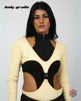 Women In 'Lunar Curves' Cream Cotton Lycra 2x2 Ribbed Knit 240 GSM & Viscose  Lycra Jersey Knit 290 GSM Bodysuit HG x Duskin - Front