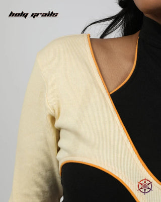 Women In 'Lunar Curves' Cream Cotton Lycra 2x2 Ribbed Knit 240 GSM & Viscose  Lycra Jersey Knit 290 GSM Bodysuit HG x Duskin - Front Shoulder Close Up