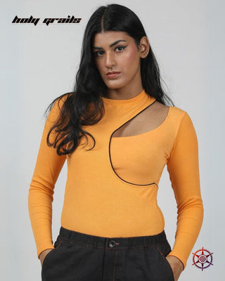 Women In 'Paprika Glimpse' Orange Cotton Lycra 2x2 Ribbed Knit 240 GSM and Viscose Cotton Lycra Jersey Knit 290 GSM Bodysuit HG x Duskin - Front