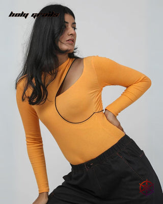 Women In 'Paprika Glimpse' Orange Cotton Lycra 2x2 Ribbed Knit 240 GSM and Viscose Cotton Lycra Jersey Knit 290 GSM Bodysuit HG x Duskin - Front Lean  Pose