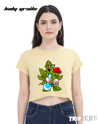 Women in Street Style 'Leaf High' Beige 180 GSM 100% Cotton Graphic Crop Top HG x Trip Tribe - Front