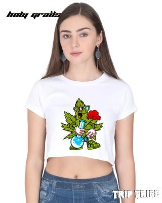 Women in Street Style 'Leaf High' White 180 GSM 100% Cotton Graphic Crop Top HG x Trip Tribe - Front