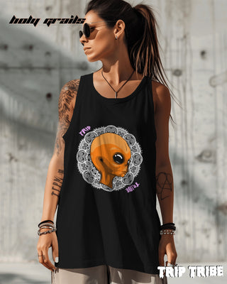 Women in Street Style 'Mandala Alien' Black 180 GSM 100% Cotton Graphics Sleeveless Vest HG x Trip Tribe - Front