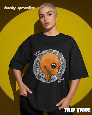 Women in Street Style 'Mandala Alien' Black 240 GSM 100% Cotton Oversize Tee HG x Trip Tribe - Front