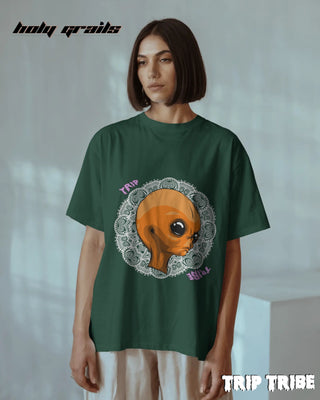 Women in Street Style 'Mandala Alien' Bottle Green 240 GSM 100% Cotton Front Oversize Tee HG x Trip Tribe - Front