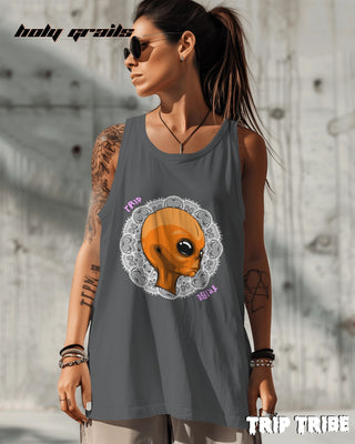 Women in Street Style 'Mandala Alien' Charcoal Melange 180 GSM 100% Cotton Graphics Sleeveless Vest HG x Trip Tribe - Front