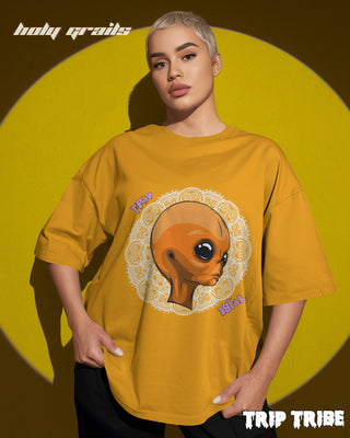 Women in Street Style 'Mandala Alien' Golden Yellow 240 GSM 100% Cotton Oversize Tee HG x Trip Tribe - Front