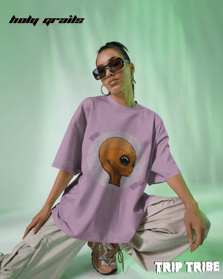 Women in Street Style 'Mandala Alien' Light Baby Pink 240 GSM 100% Cotton Oversize Tee HG x Trip Tribe - Front
