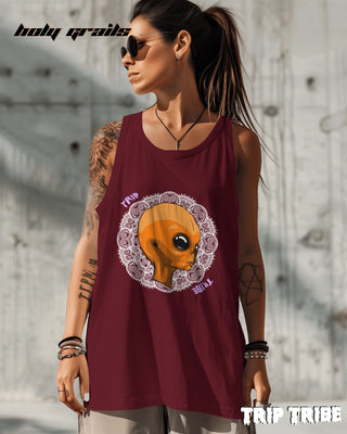 Women in Street Style 'Mandala Alien' Maroon 180 GSM 100% Cotton Graphics Sleeveless Vest HG x Trip Tribe - Front