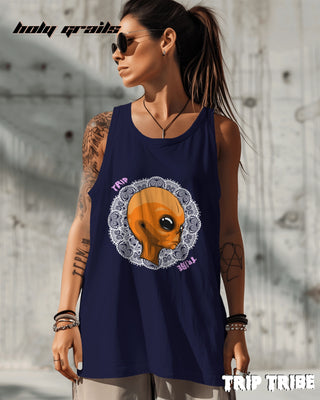 Women in Street Style 'Mandala Alien' Navy Blue 180 GSM 100% Cotton Graphics Sleeveless Vest HG x Trip Tribe - Front