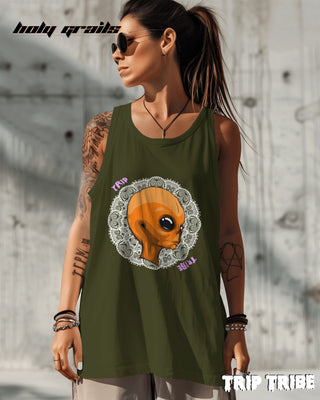 Women in Street Style 'Mandala Alien' Olive Green 180 GSM 100% Cotton Graphics Sleeveless Vest HG x Trip Tribe - Front