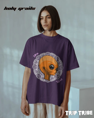 Women in Street Style 'Mandala Alien' Purple 240 GSM 100% Cotton  Oversize Tee HG x Trip Tribe - Front