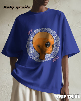 Women in Street Style 'Mandala Alien' Royal Blue 240 GSM 100% Cotton Oversize Tee HG x Trip Tribe - Front Close