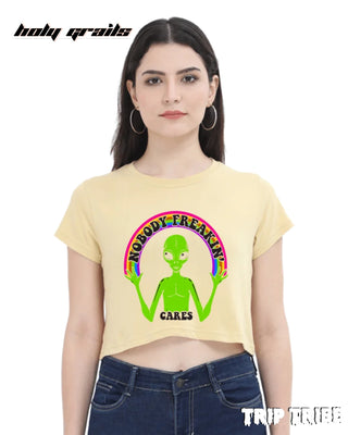 Women in Street Style 'Nobody Freakin’ Cares' Beige 180 GSM 100% Cotton Graphic Crop Top HG x Trip Tribe - Front