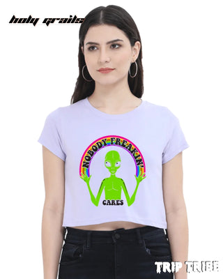 Women in Street Style 'Nobody Freakin’ Cares' Lavender 180 GSM 100% Cotton Graphic Crop Top HG x Trip Tribe - Front