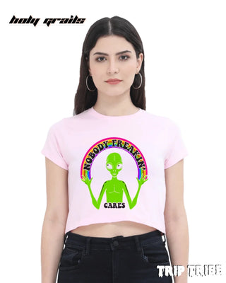 Women in Street Style 'Nobody Freakin’ Cares' Light Baby Pink 180 GSM 100% Cotton Graphic Crop Top HG x Trip Tribe - Front