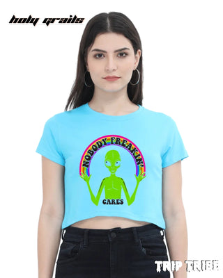 Women in Street Style 'Nobody Freakin’ Cares' Sky Blue 180 GSM 100% Cotton Graphic Crop Top HG x Trip Tribe - Front
