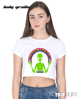 Women in Street Style 'Nobody Freakin’ Cares' White 180 GSM 100% Cotton Graphic Crop Top HG x Trip Tribe - Front