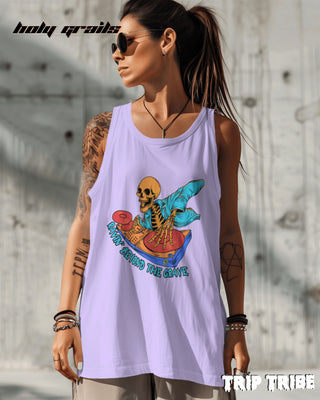 Women in Street Style 'Ravin’ Beyond the Grave Skeleton DJ' 180 GSM 100% Cotton Lavender Sleeveless Vest HG x Trip Tribe - Front