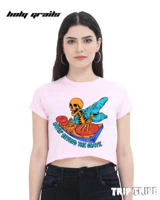 Women in Street Style 'Ravin’ Beyond the Grave Skeleton DJ' Light Baby Pink 180 GSM 100% Cotton Graphic Crop Top HG x Trip Tribe