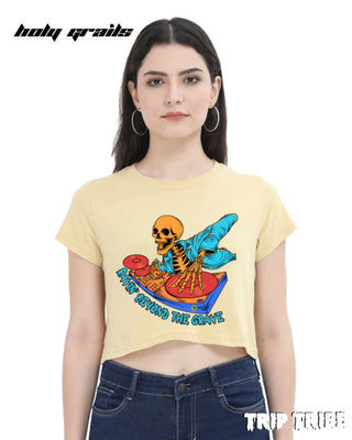 Women in Street Style 'Ravin’ Beyond the Grave Skeleton DJ' Beige 180 GSM 100% Cotton Graphic Crop Top HG x Trip Tribe