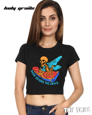 Women in Street Style 'Ravin’ Beyond the Grave Skeleton DJ' Black 180 GSM 100% Cotton Graphic Crop Top HG x Trip Tribe