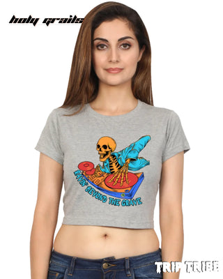 Women in Street Style 'Ravin’ Beyond the Grave Skeleton DJ' Grey Melange 180 GSM 100% Cotton Graphic Crop Top HG x Trip Tribe
