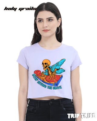Women in Street Style 'Ravin’ Beyond the Grave Skeleton DJ' Lavender 180 GSM 100% Cotton Graphic Crop Top HG x Trip Tribe