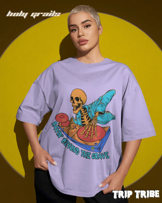 Women in Street Style 'Ravin’ Beyond the Grave Skeleton DJ' Lavender 240 GSM 100% Cotton Oversize Tee HG x Trip Tribe - Front