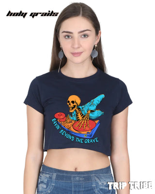 Women in Street Style 'Ravin’ Beyond the Grave Skeleton DJ' Navy Blue 180 GSM 100% Cotton Graphic Crop Top HG x Trip Tribe