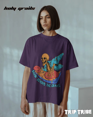 Women in Street Style 'Ravin’ Beyond the Grave Skeleton DJ' Purple 240 GSM 100% Cotton Oversize Tee HG x Trip Tribe - Front