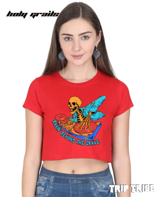 Women in Street Style 'Ravin’ Beyond the Grave Skeleton DJ' Red 180 GSM 100% Cotton Graphic Crop Top HG x Trip Tribe