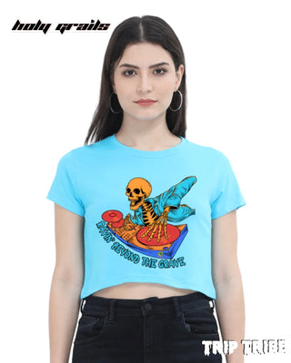 Women in Street Style 'Ravin’ Beyond the Grave Skeleton DJ' Sky Blue 180 GSM 100% Cotton Graphic Crop Top HG x Trip Tribe