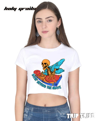Women in Street Style 'Ravin’ Beyond the Grave Skeleton DJ' White 180 GSM 100% Cotton Graphic Crop Top HG x Trip Tribe