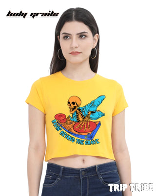 Women in Street Style 'Ravin’ Beyond the Grave Skeleton DJ' Golden Yellow 180 GSM 100% Cotton Graphic Crop Top HG x Trip Tribe